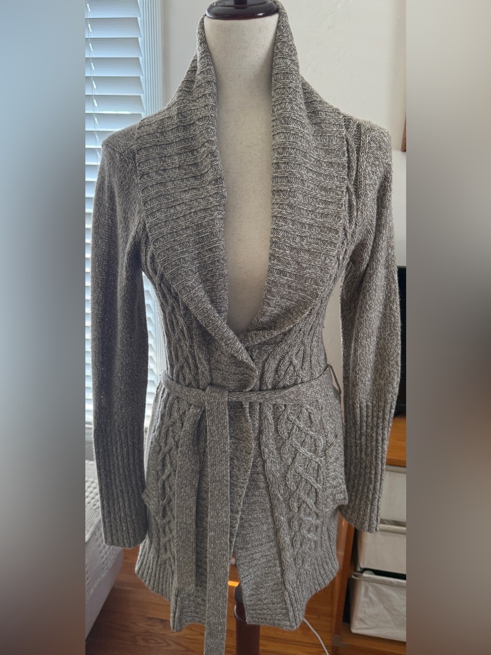 It's Our Time Taupe Cable-Knit Shawl Collar Belted Cardigan